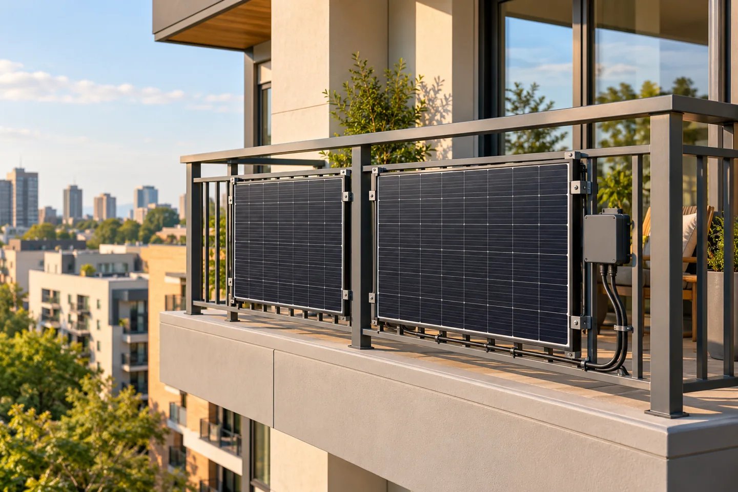 Compact solar panels mounted securely on a modern apartment balcony